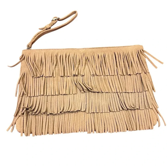 MNG Mango Beige Tan Fringe Clutch Bag Western - Picture 1 of 5